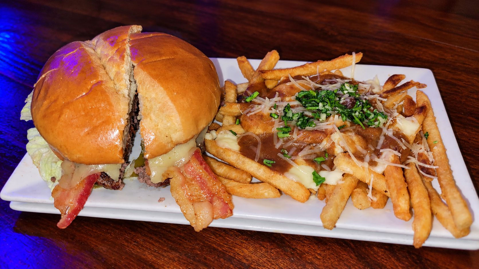 Burger and poutine at Downing Street Pour House in Hollister, Missouri