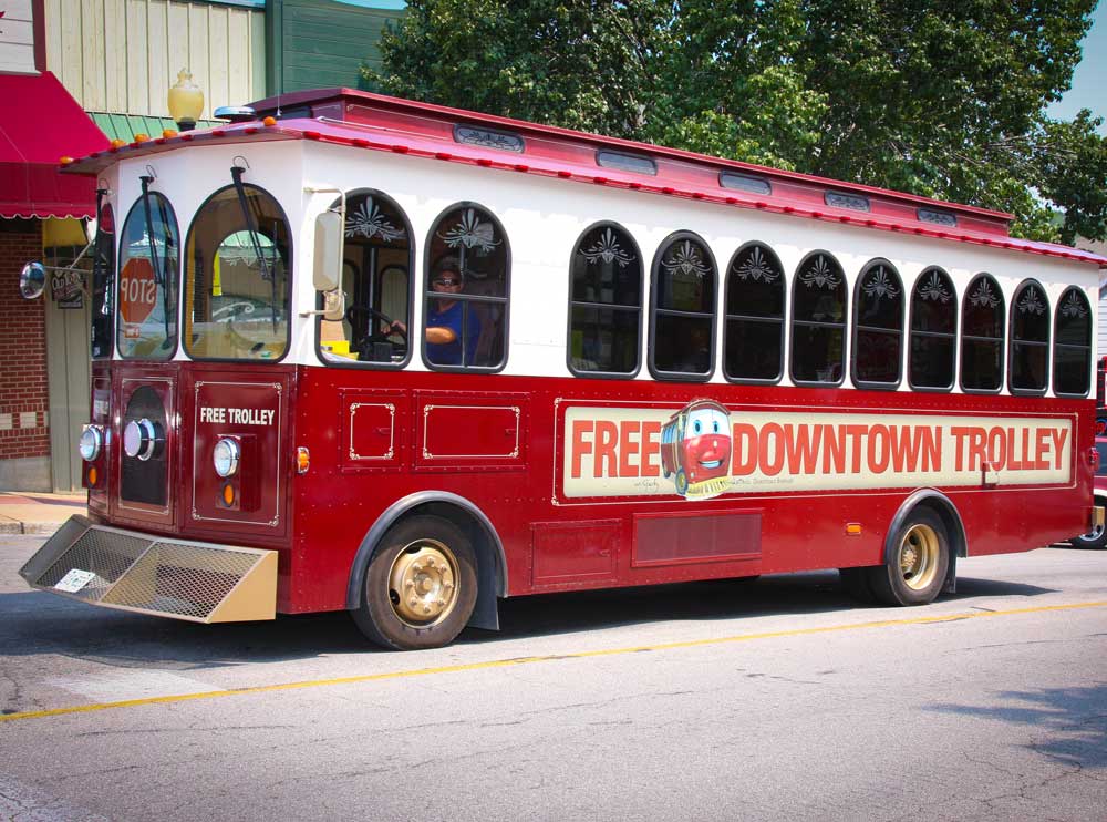 Free downtown Branson trolley near Main Street and Branson Landing