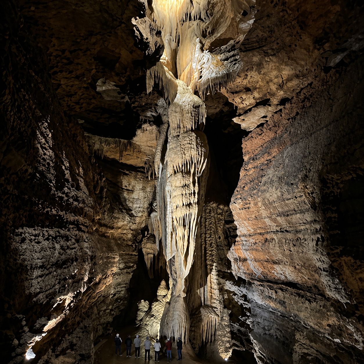 A guided cave tour near Branson Missouri with rock formations and soft lighting